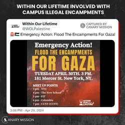 WOL organized a coordinated campaign to “flood the encampments” across NYC campuses—including NYU, Columbia, FIT, and CUNY—calling for mass mobilization in support of Gaza. 